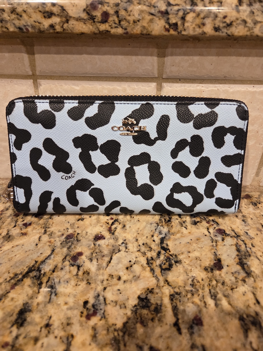Coach Leopard Print Zip Wallet in Pale Blue Leather